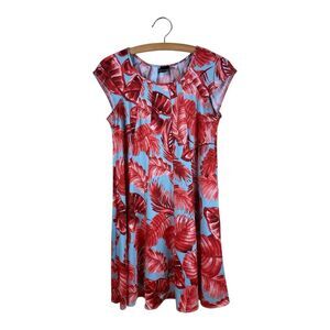 Maison Tara Red Blue Midi Dress Capped Sleeves Pleated Lightweight Size 6 Summer